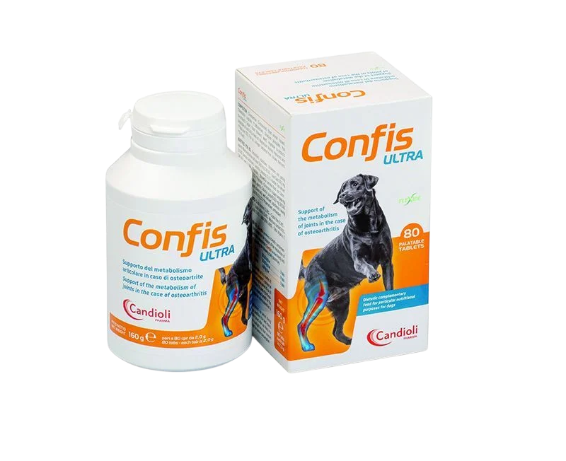 ممکمل CONFIS Ultra با گلوکزامین، کندرویتین و عصاره‌های گیاهی، از مفاصل سگ‌های مسن یا مبتلا به آرتروز پشتیبانی می‌کند.